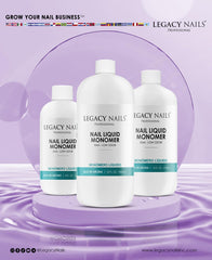 LEGACY NAILS monomer bottle demonstrates chip-resistant, non-yellowing finish