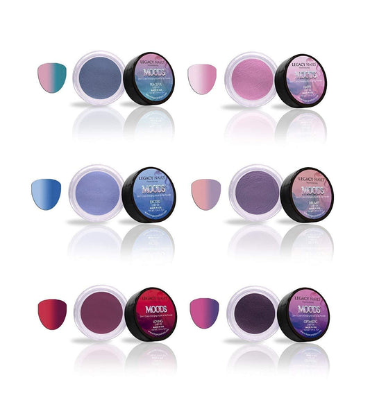 Legacy Nails Moods color-changing powders that shift hues with body temperature for versatile designs.