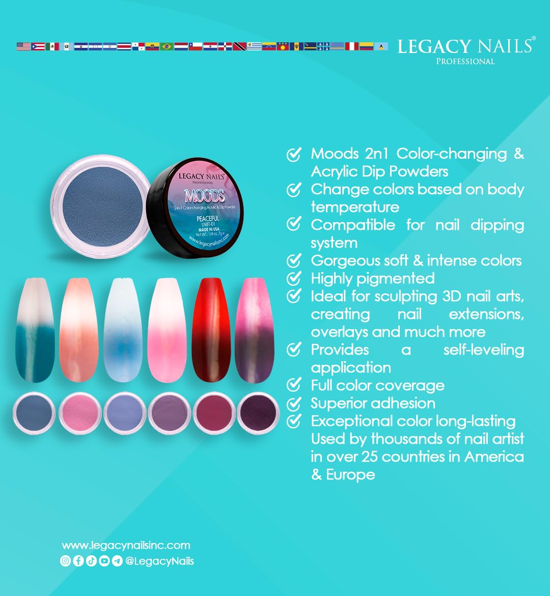 Legacy Nails Moods dip and acrylic powder for flexible at-home or studio nail extensions.