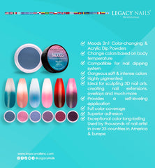 Legacy Nails Moods dip and acrylic powder for flexible at-home or studio nail extensions.