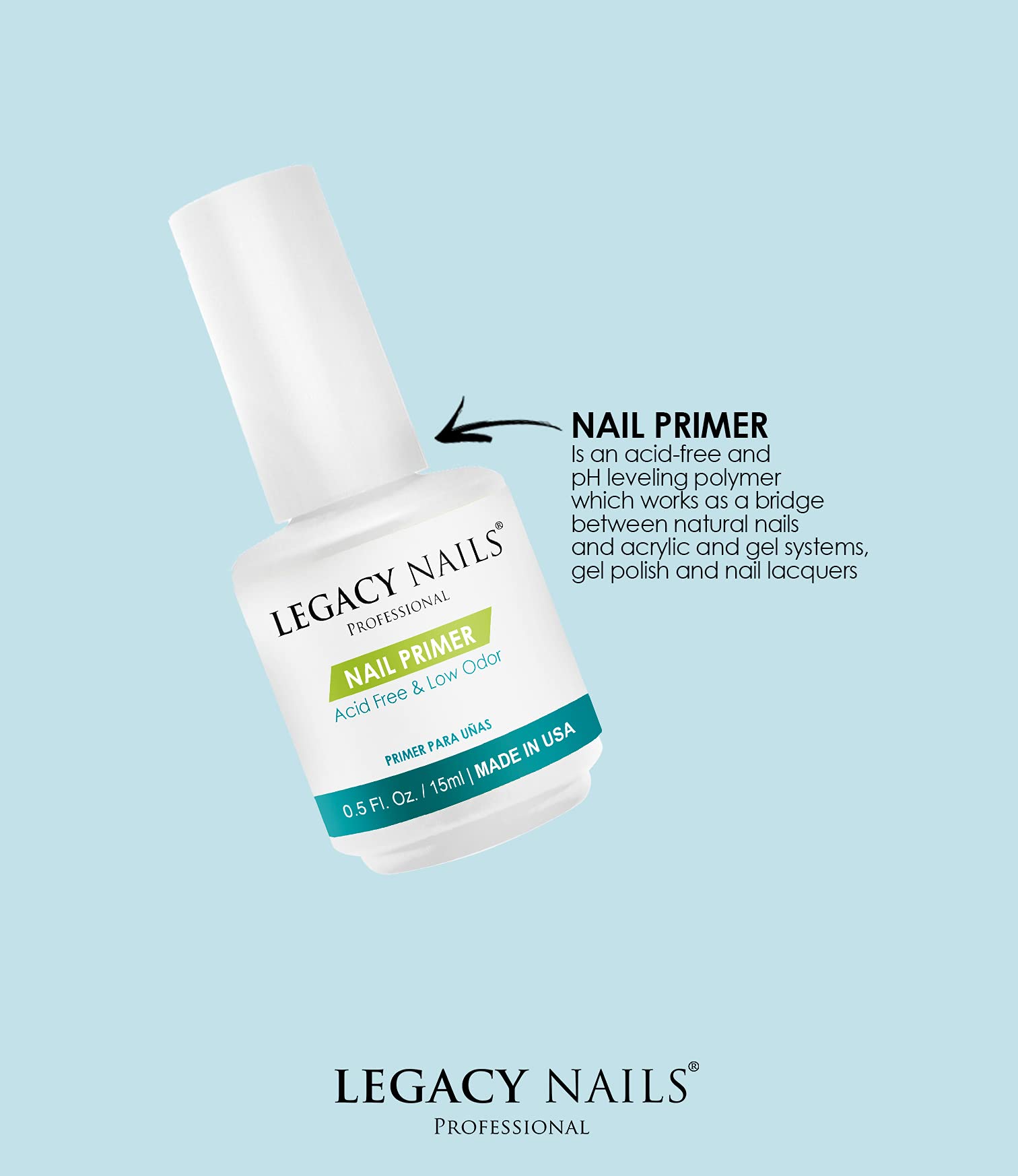 Legacy Nails Nail Primer close-up showing quick-dry, low-odor surface