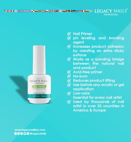 Legacy Nails Nail Primer bottle label detail showing acid-free formula
