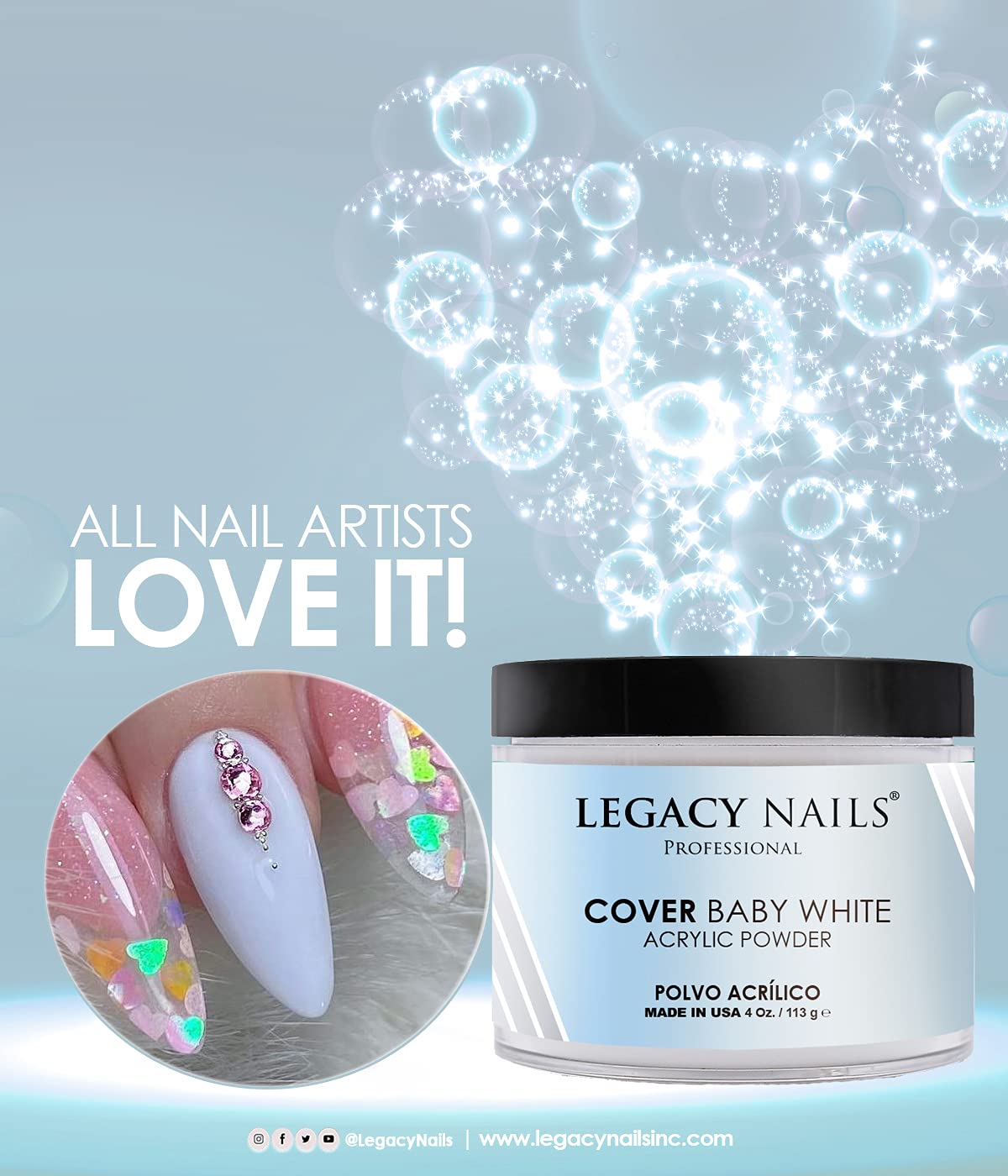 Legacy Nails professional nail extension powder helps create durable, natural-looking enhancements.