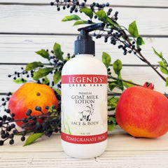 Legend's Creek Goat Milk Lotion label highlighting goat milk and clean ingredients.