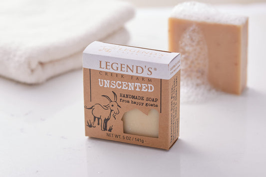 Legends Creek Goat Milk Soap bar close-up highlighting creamy lather and natural texture.