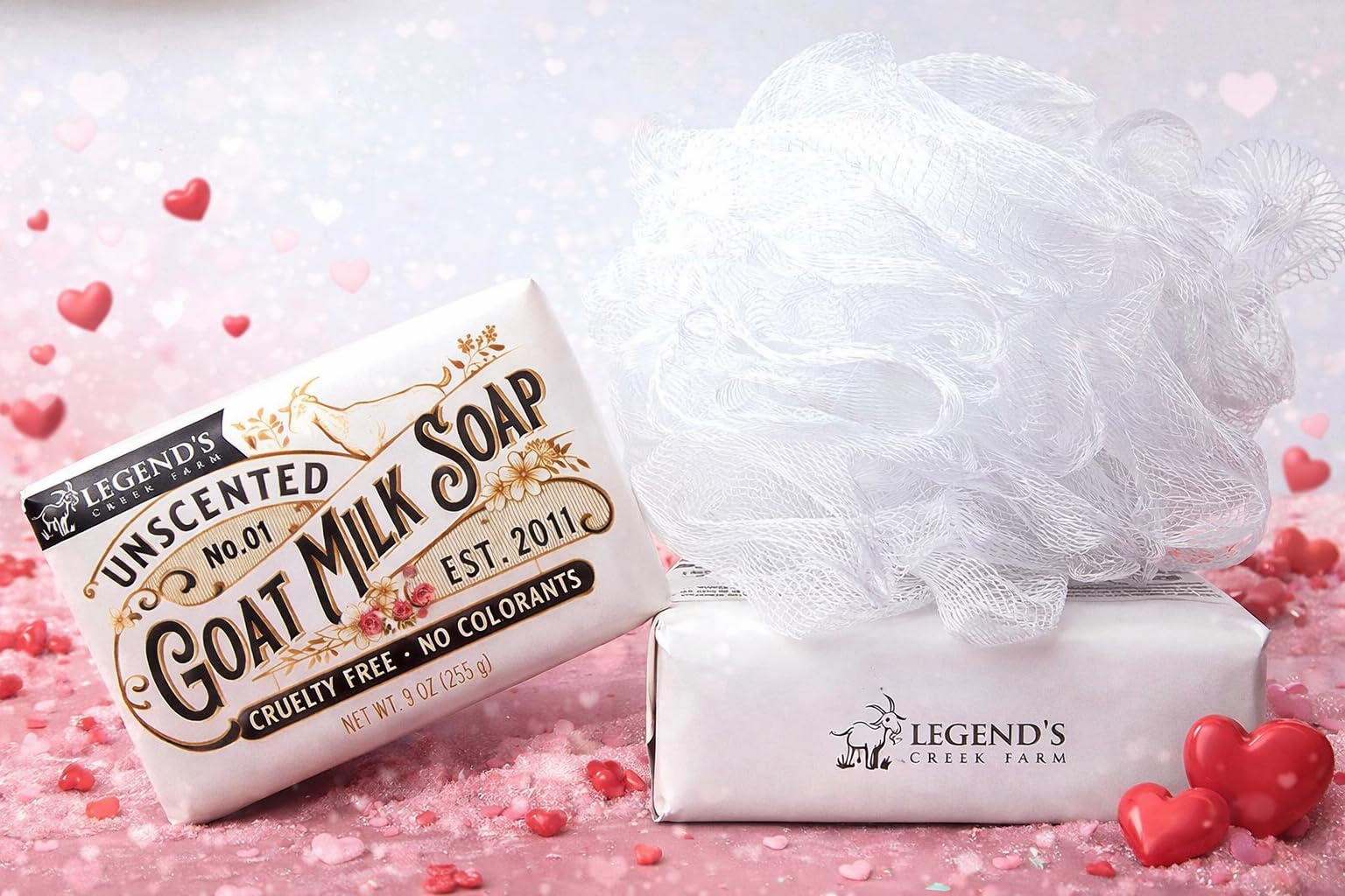 Legend's Creek Goat Milk Soap bar packaging highlights cruelty-free production and pure ingredients.