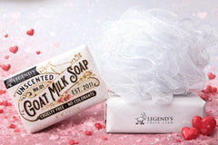 Legend's Creek Goat Milk Soap bar packaging highlights cruelty-free production and pure ingredients.