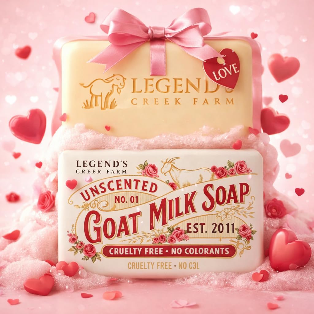 Legend's Creek unscented Goat Milk Soap finish highlights fragrance-free formula for sensitive skin.