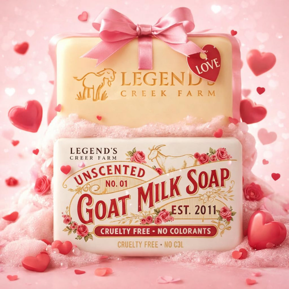 Legend's Creek unscented Goat Milk Soap finish highlights fragrance-free formula for sensitive skin.