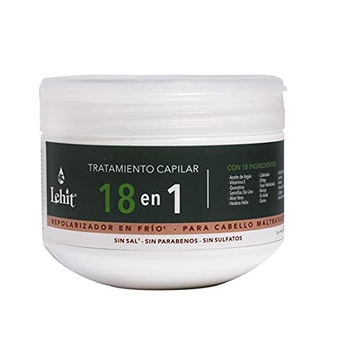 Lehit 18-in-1 Treatment bottle close-up for deep conditioning and radiant shine.