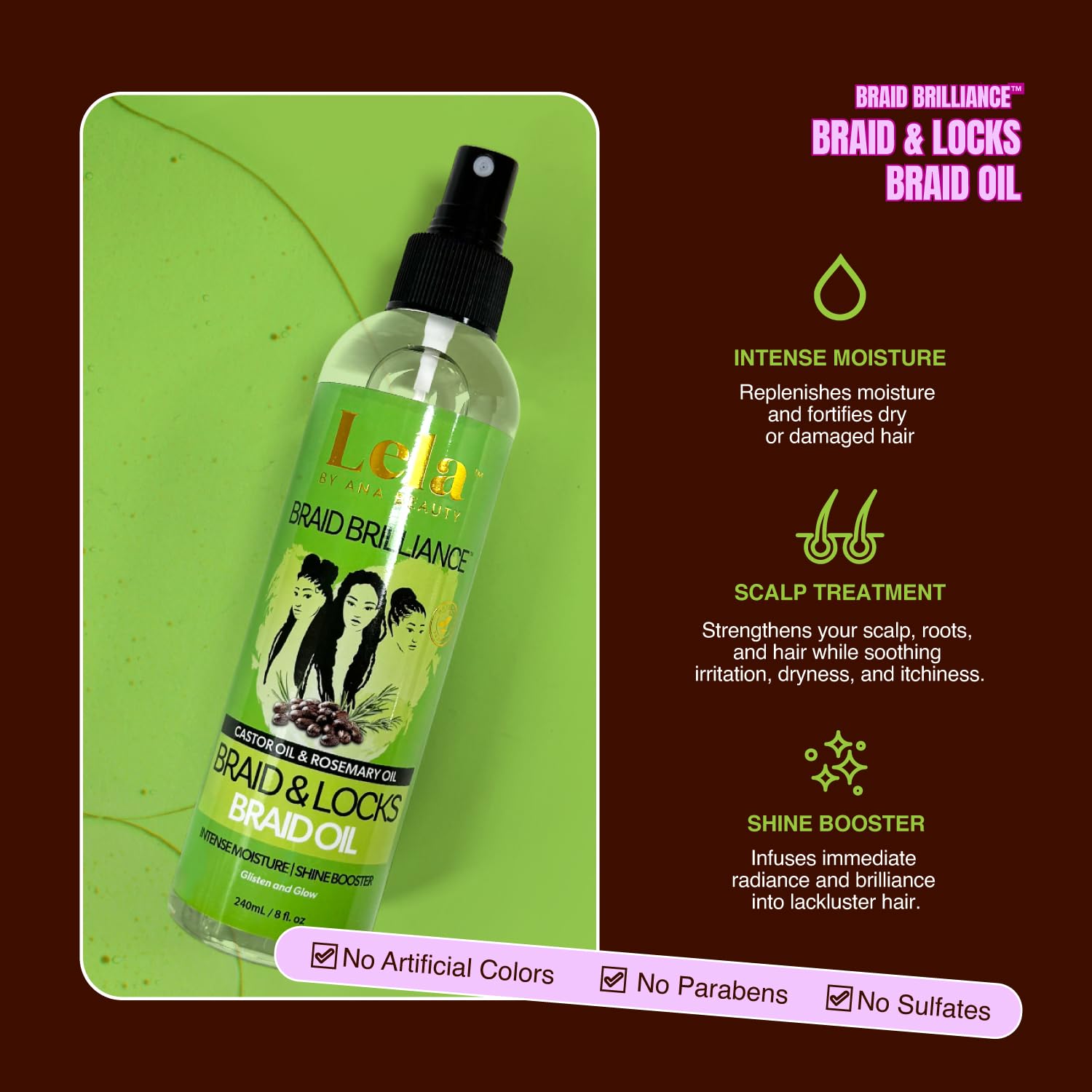 LELA Braid Oil application close-up highlights smooth, non-sticky formula for braids