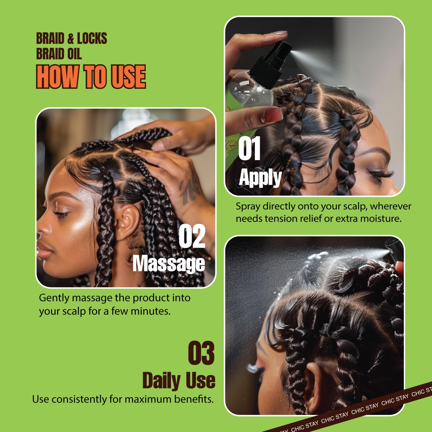 Close-up shows castor and rosemary ingredients indicating nourishing properties for scalp