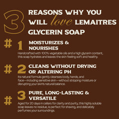 LEMAITRE glycerin soap fragrance hints at exclusive scents for a pleasant routine.