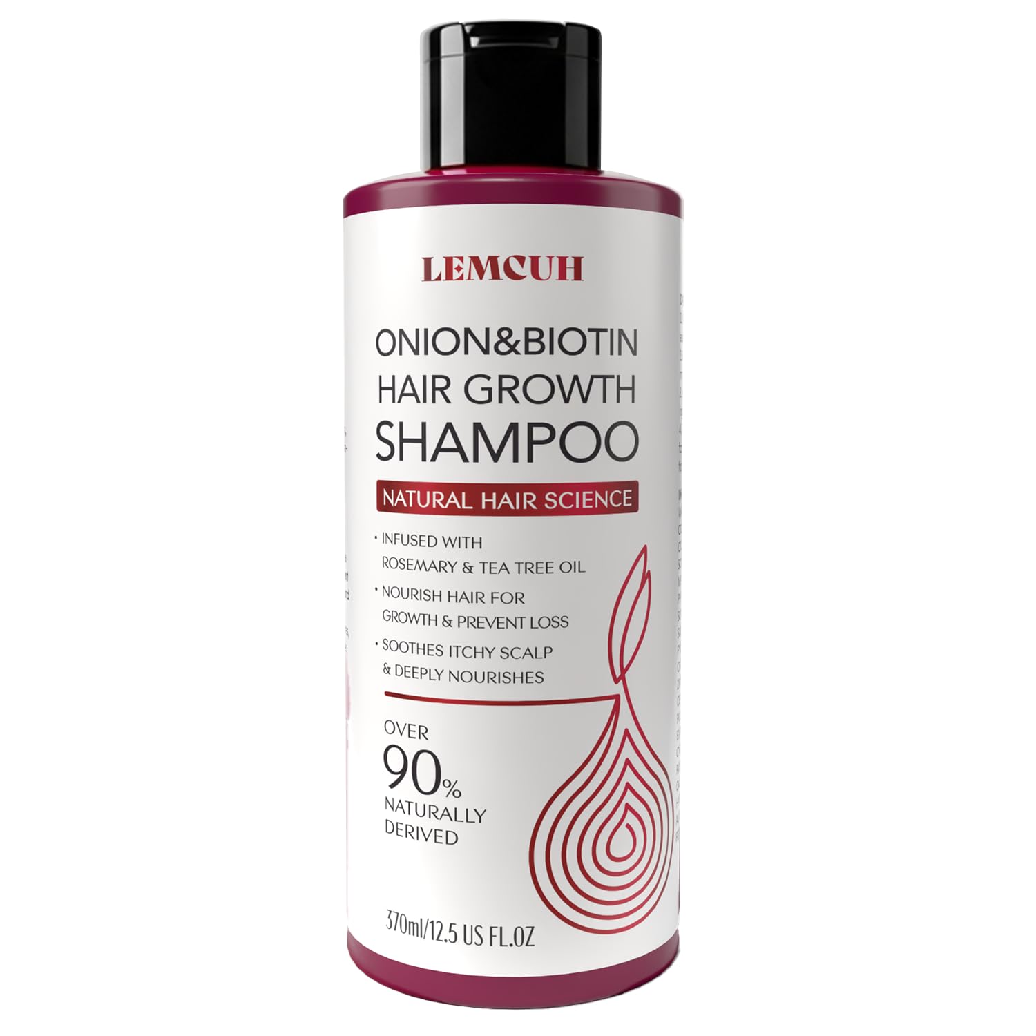 Lemcuh Biotin Onion Shampoo bottle promoting fuller-looking hair.