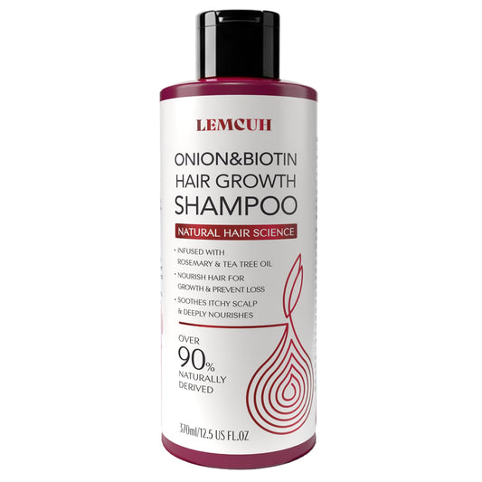 Lemcuh Biotin Onion Shampoo bottle promoting fuller-looking hair.