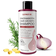 Lemcuh Rosemary Shampoo bottle pouring for voluminous, fuller-looking hair.