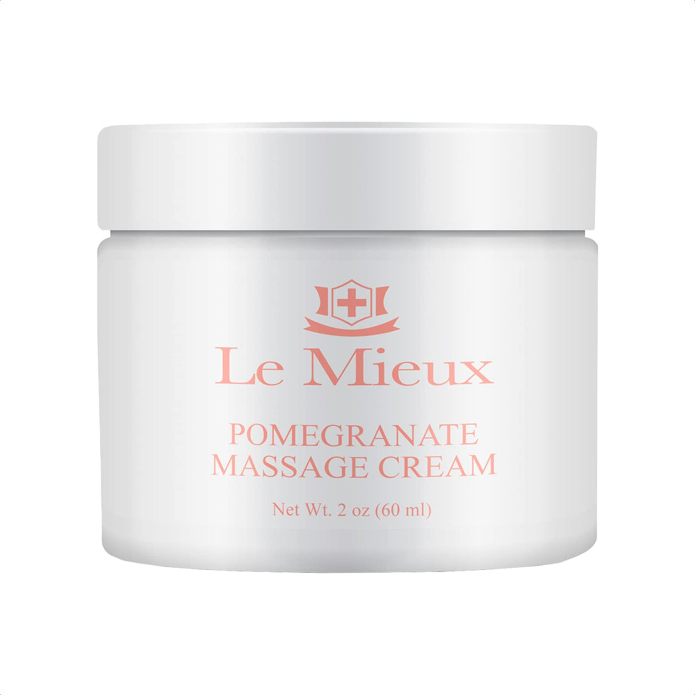 Le Mieux Pomegranate Massage Cream bottle closeup showing rich texture for soothing facial massage.
