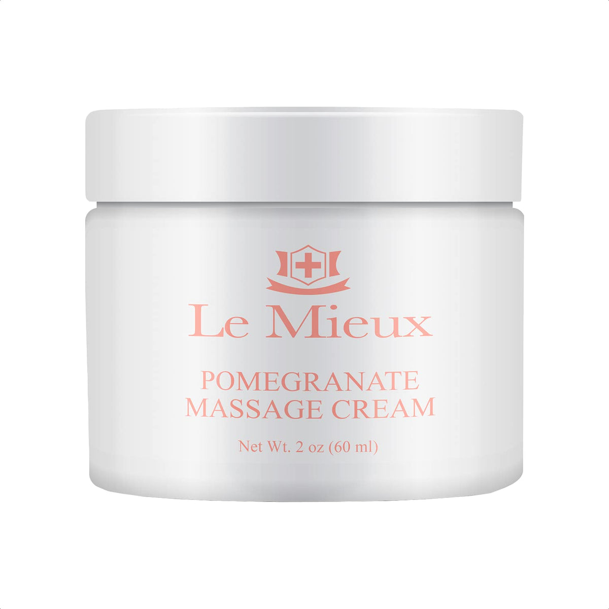 Le Mieux Pomegranate Massage Cream bottle closeup showing rich texture for soothing facial massage.