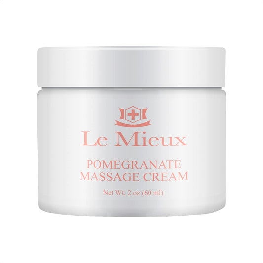 Le Mieux Pomegranate Massage Cream bottle closeup showing rich texture for soothing facial massage.