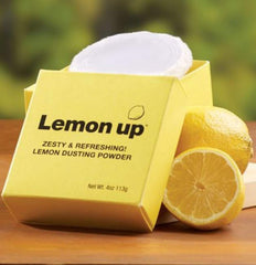 Lemon Up dusting powder jar displaying talc-free formula for a fresh feel.