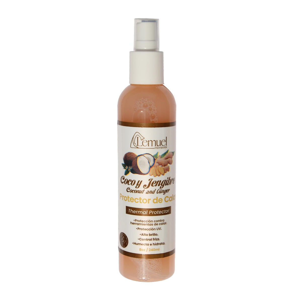 Lemuel Coconut Ginger Thermal Protector bottle pouring, protects hair from heat and adds shine.