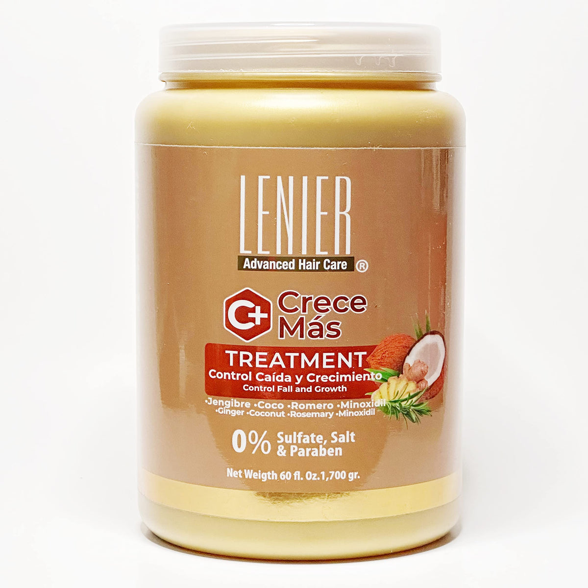 Lenier Crece Mas Treatment bottle shows ginger-coconut-rosemary scent for daily use.