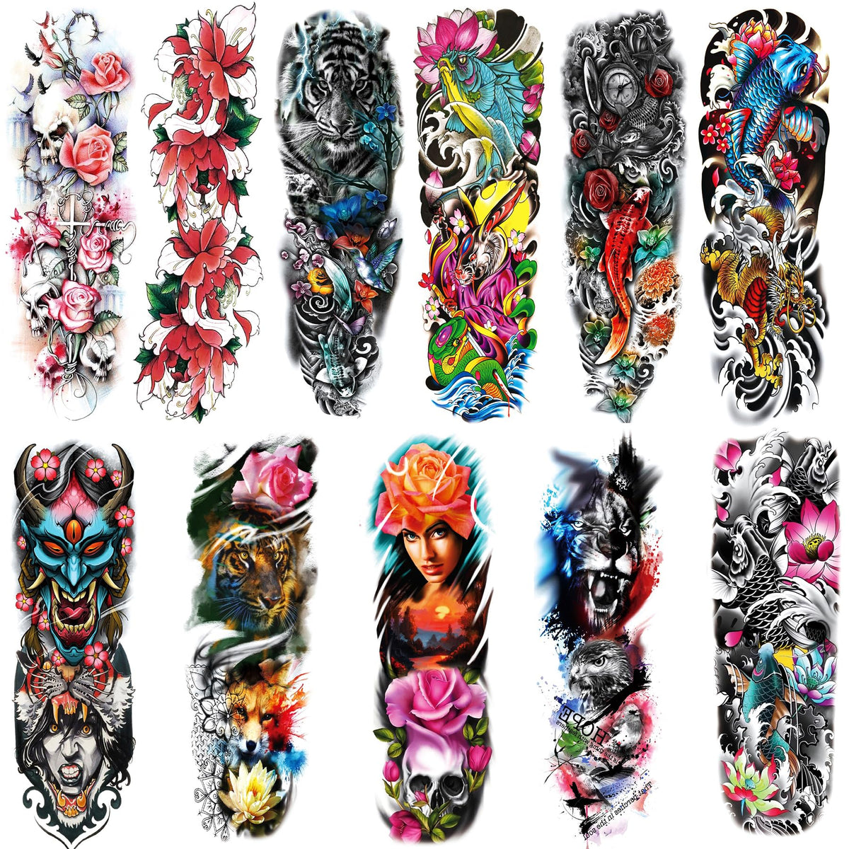 LEOARS full-arm colorful sleeve tattoos, 12-sheets, bold party body art.