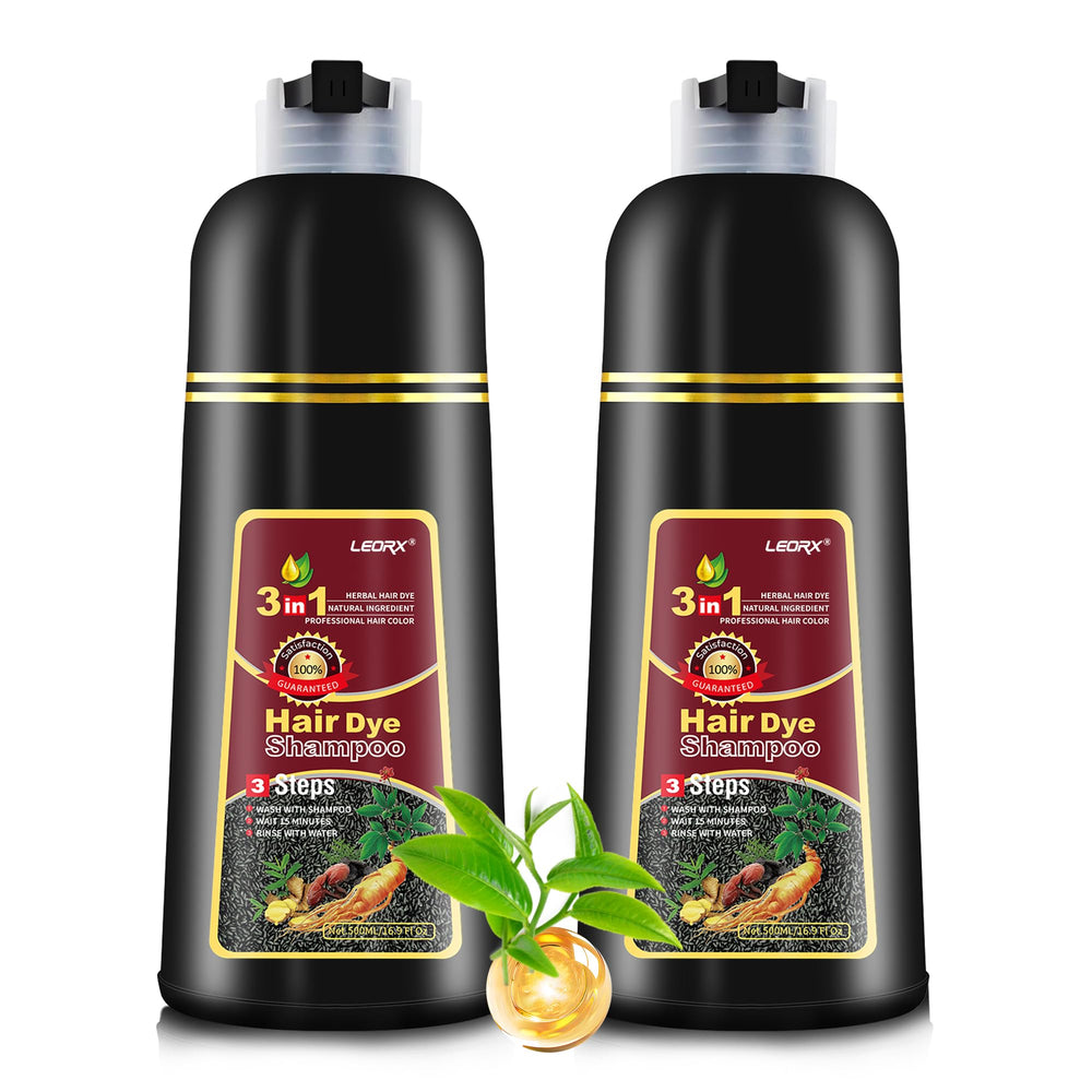 Leorx 2-pack hair dye shampoo bottle pouring for quick at-home color