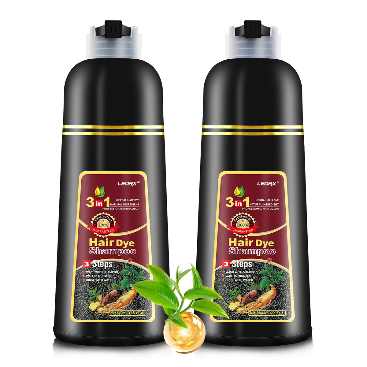 Leorx 2-pack hair dye shampoo bottle pouring for quick at-home color