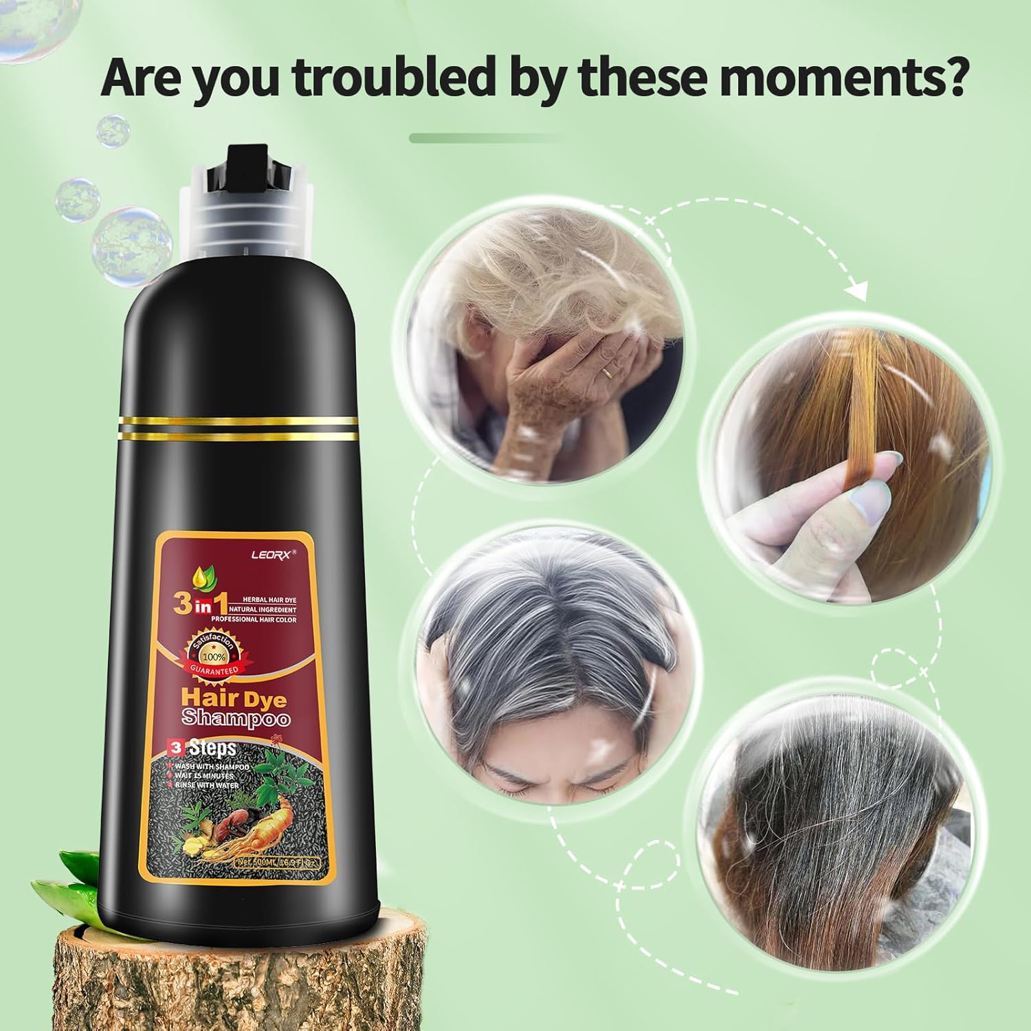 Leorx 3-in-1 color shampoo packaging highlighting easy at-home color
