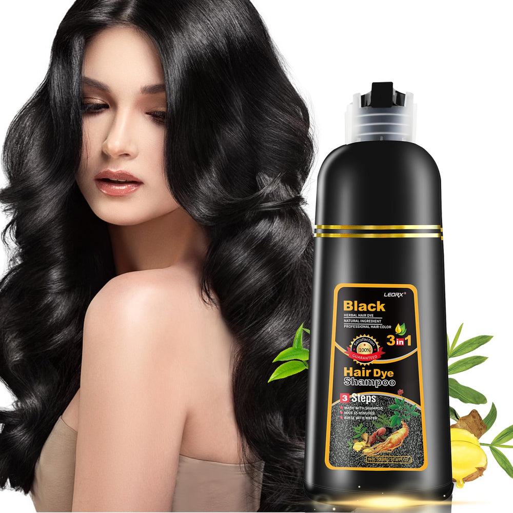 Leorx black hair dye shampoo bottle pour enables easy at-home coloring