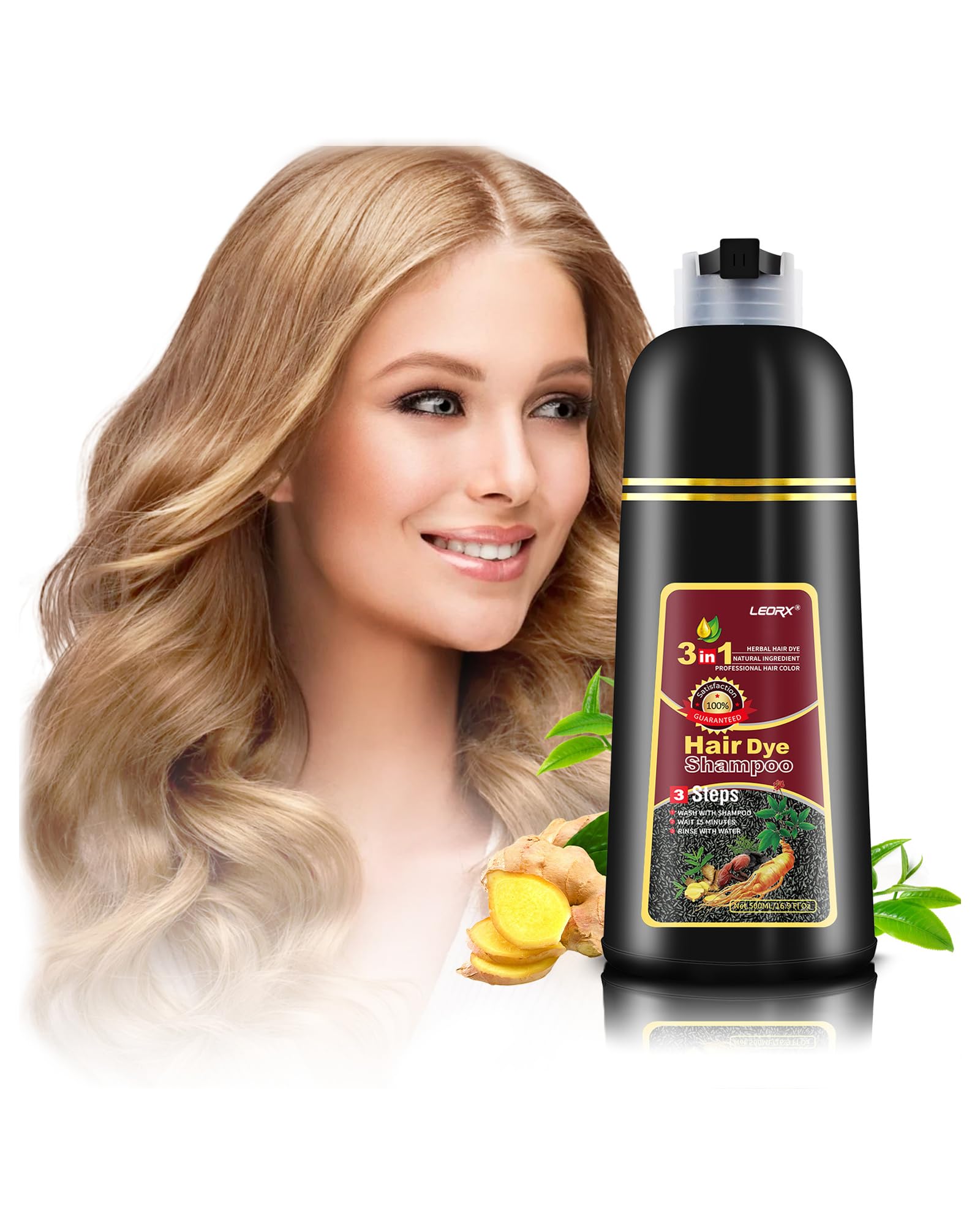 Leorx hair dye shampoo bottle showing the 3-in-1 formula for at-home coloring