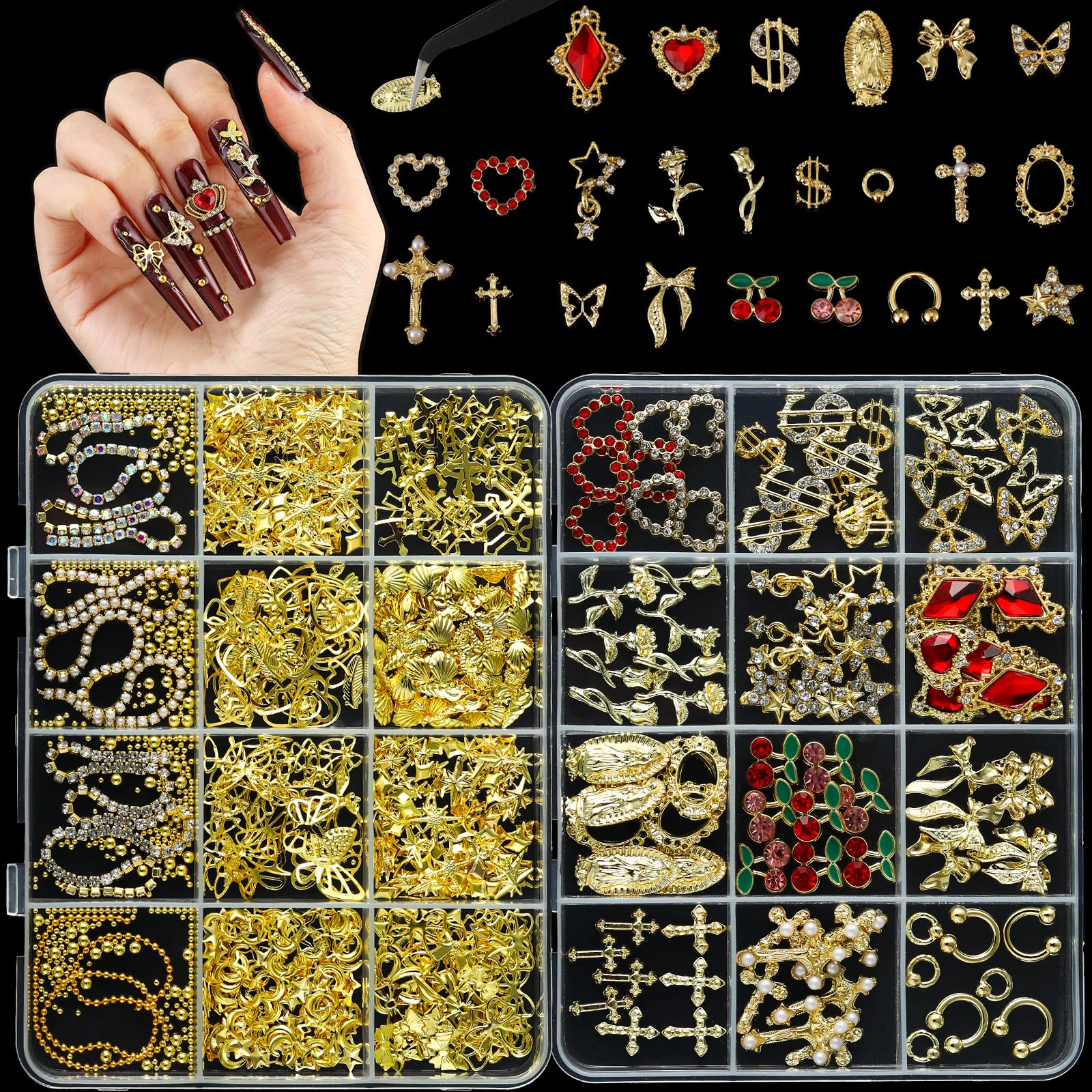 LERBOU alloy 3D charms box with butterflies and hearts for dimensional nail art