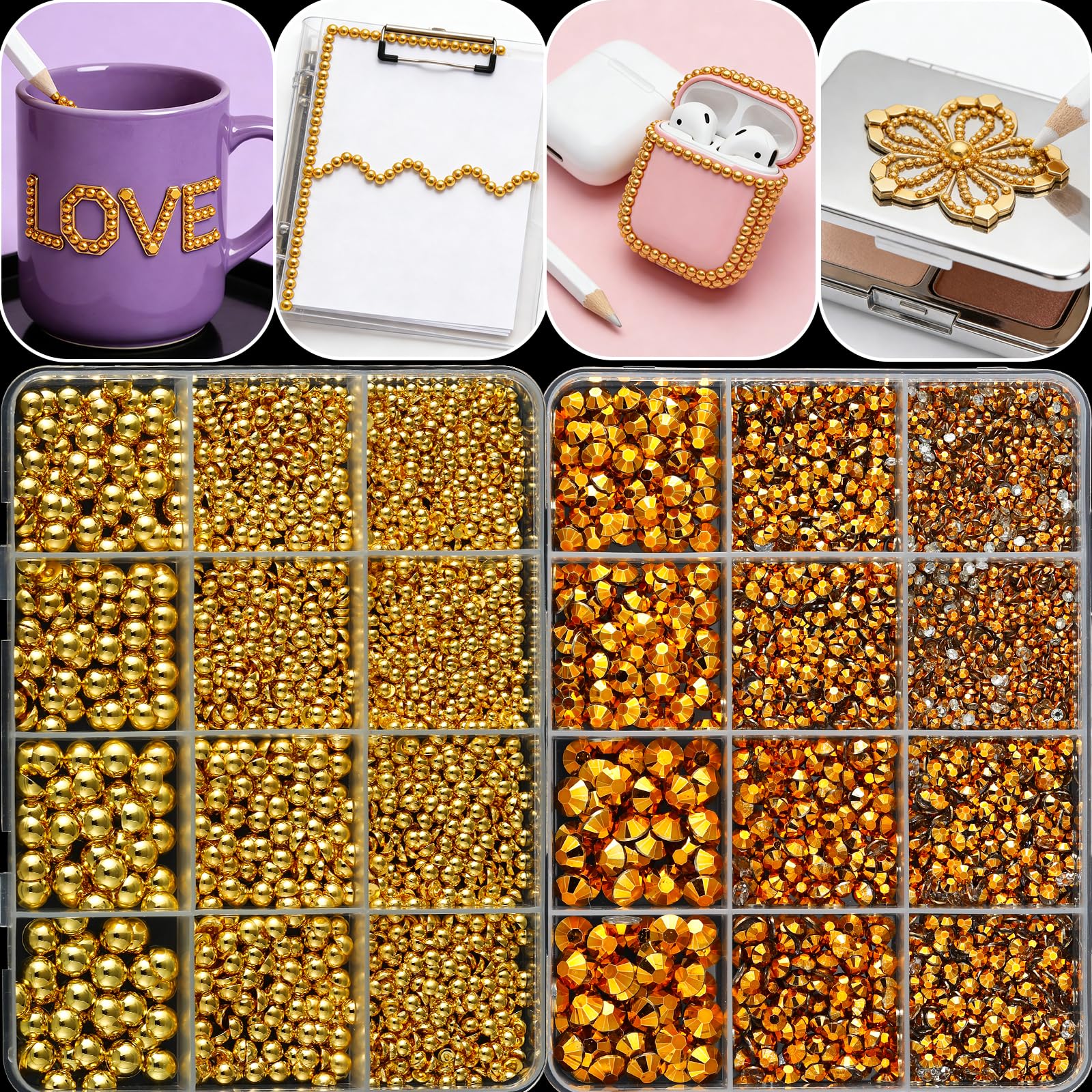 LERBOU champagne rhinestones in multiple sizes for layered sparkle