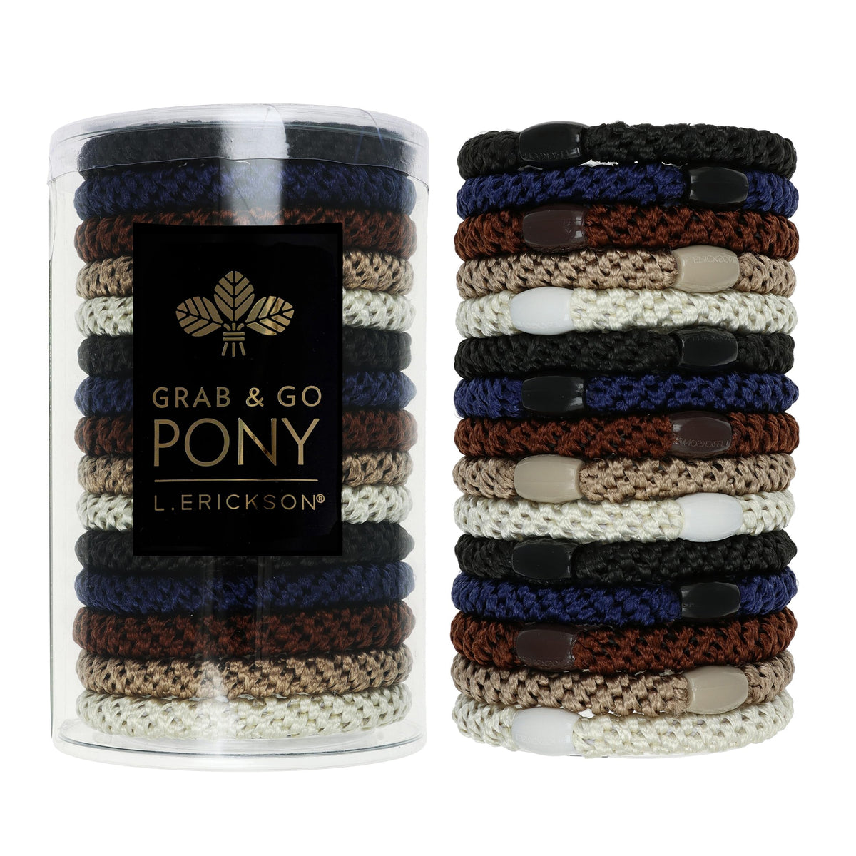 L. Erickson grab-and-go pony tube showing thick hair ties for secure hold