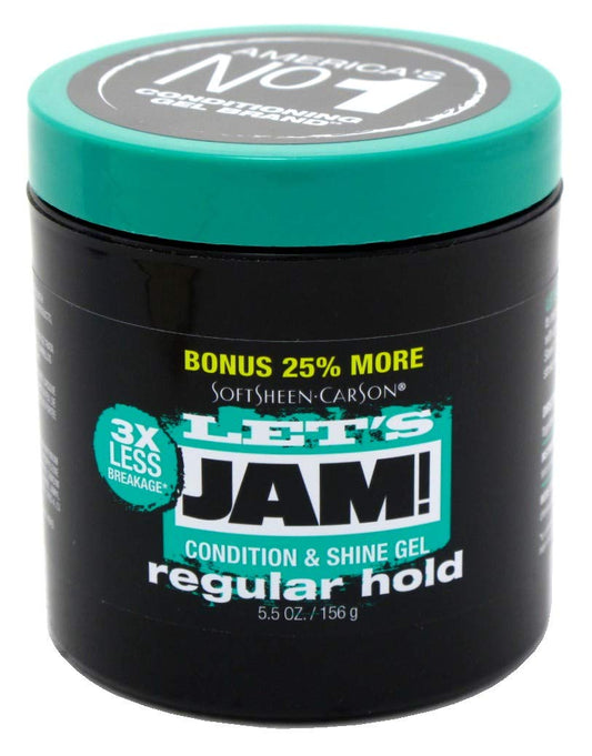 Let's Jam Condition & Shine Gel regular hold jar adds shine for easy styling.