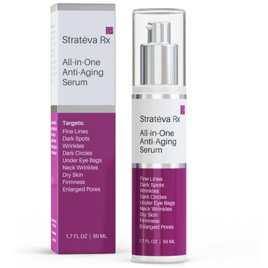 LeVaye Strateva RX serum bottle closeup for radiant, even-toned skin.