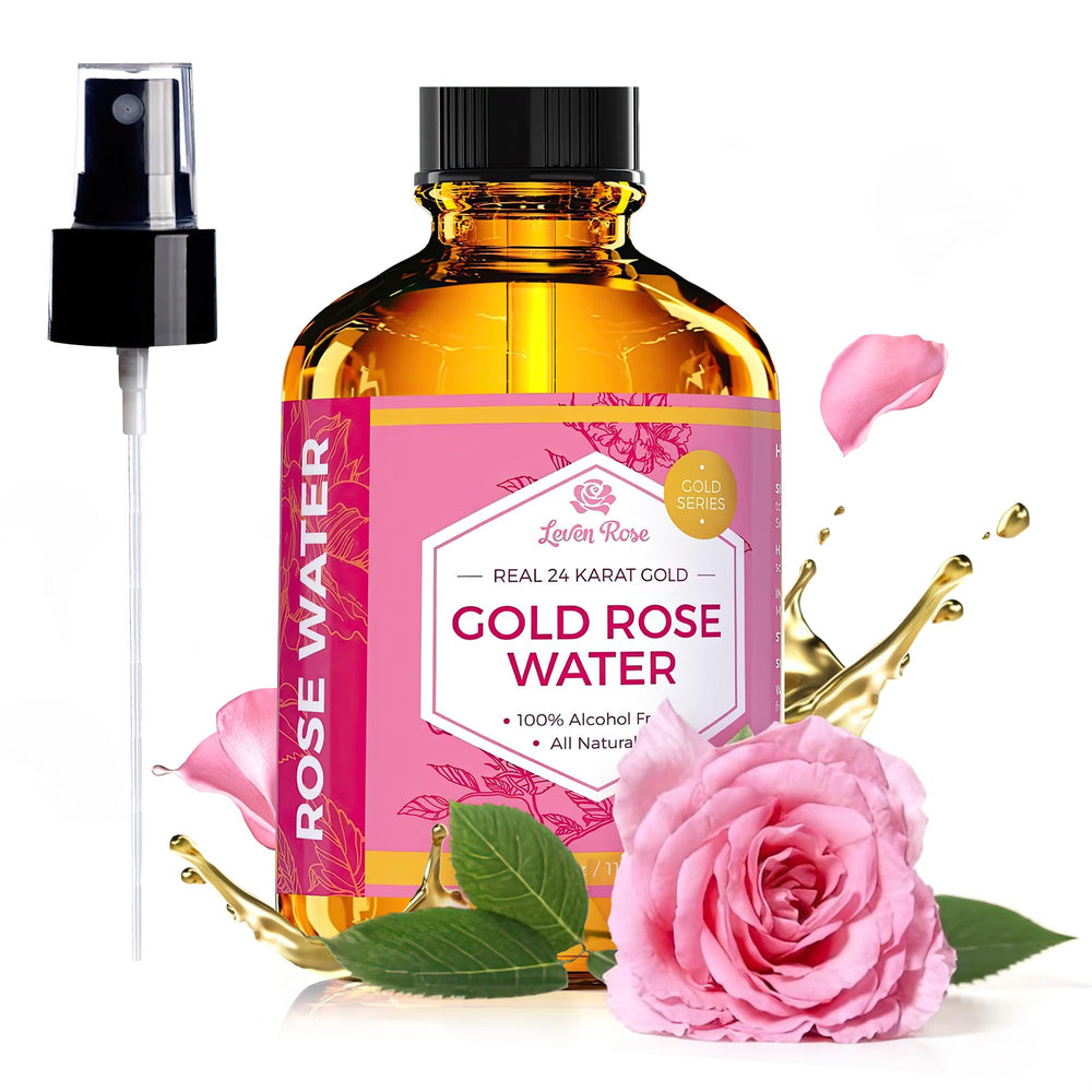 Leven Rose 24K Gold Rose Water Toner bottle for radiant skin and balanced pH.