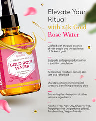 Leven Rose 24K Gold Rose Water Toner label close-up reveals premium ingredients.