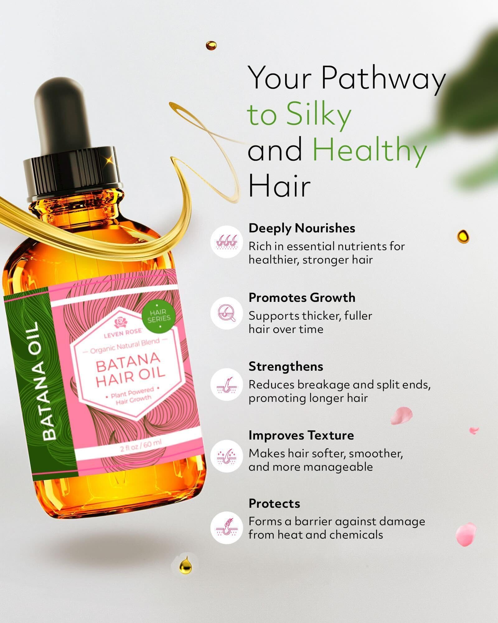 Leven Rose Batana Oil ingredient blend supports hair vitality