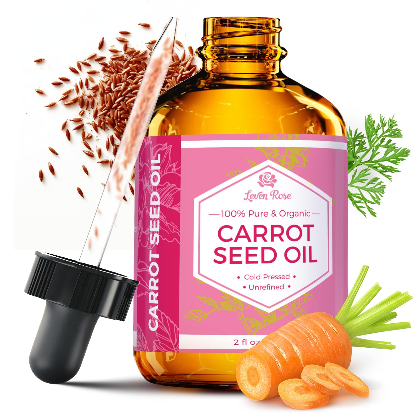 Leven Rose Carrot Seed Oil bottle for daily skin nourishment and moisturization.