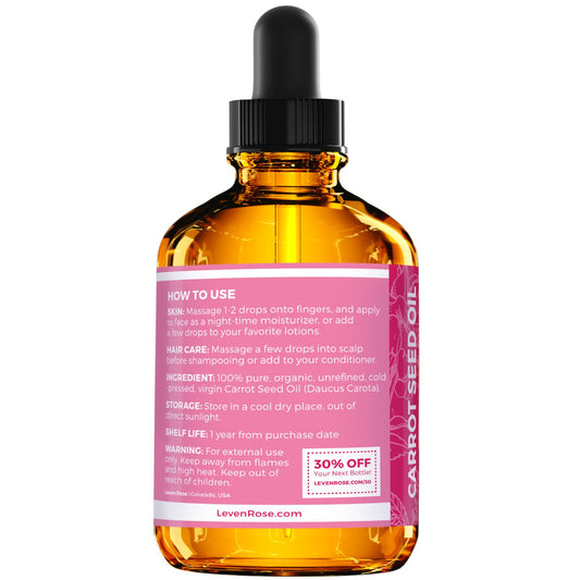 Leven Rose Carrot Seed Oil pour demonstrates easy application for hair and skin care routines.