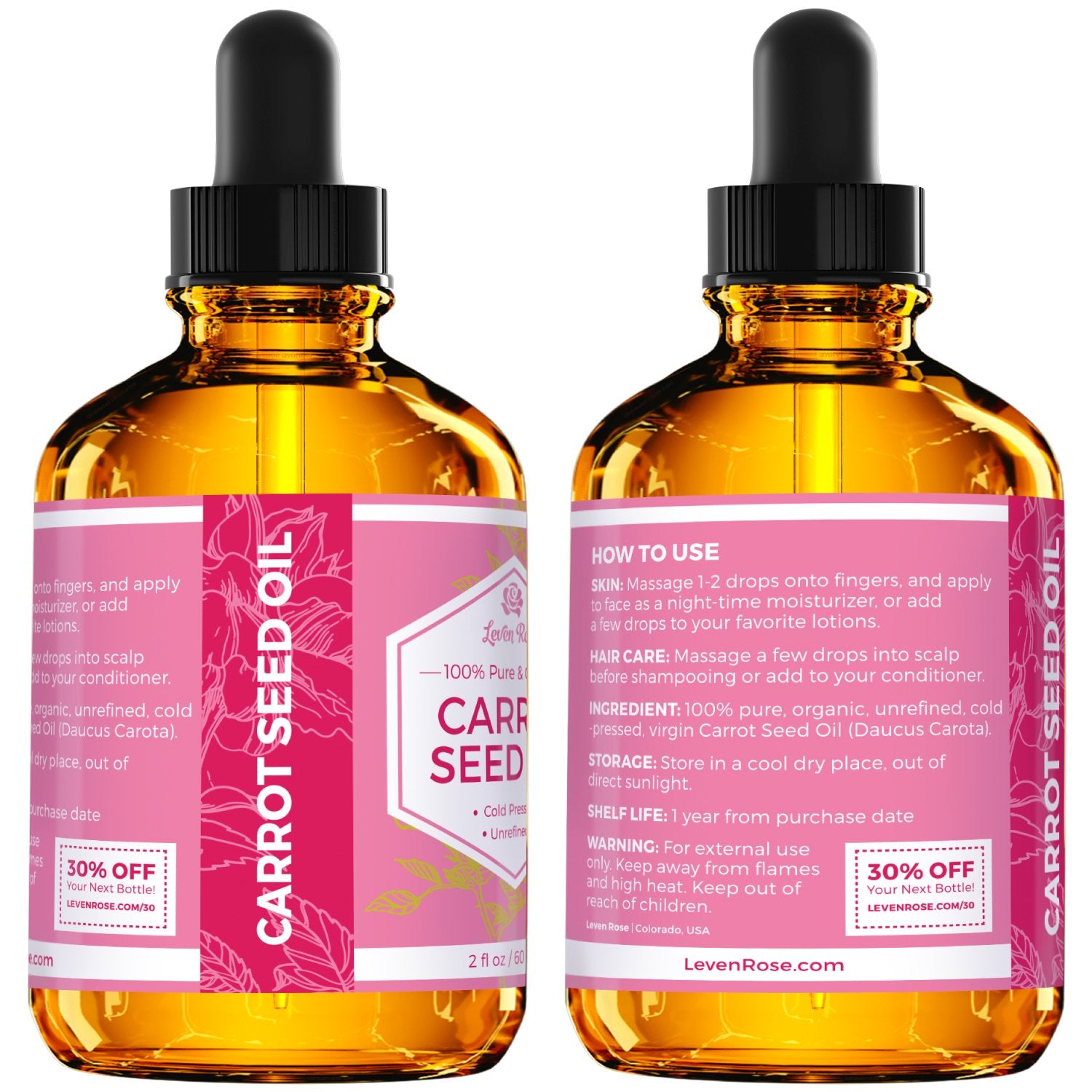 Leven Rose Carrot Seed Oil improves skin texture and balance.