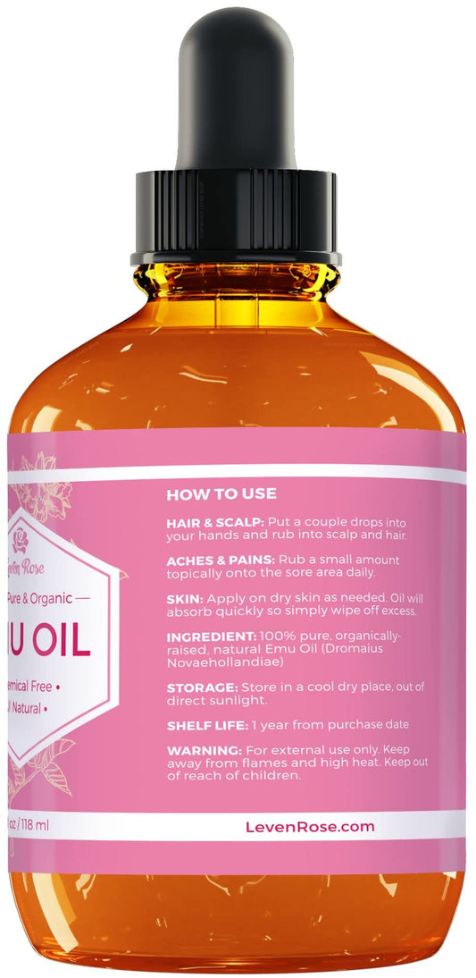 Closeup of Leven Rose Emu Oil bottle highlighting the pure formula.