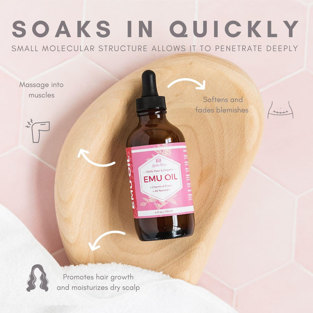 Leven Rose Emu Oil supports hair conditioning and growth potential.