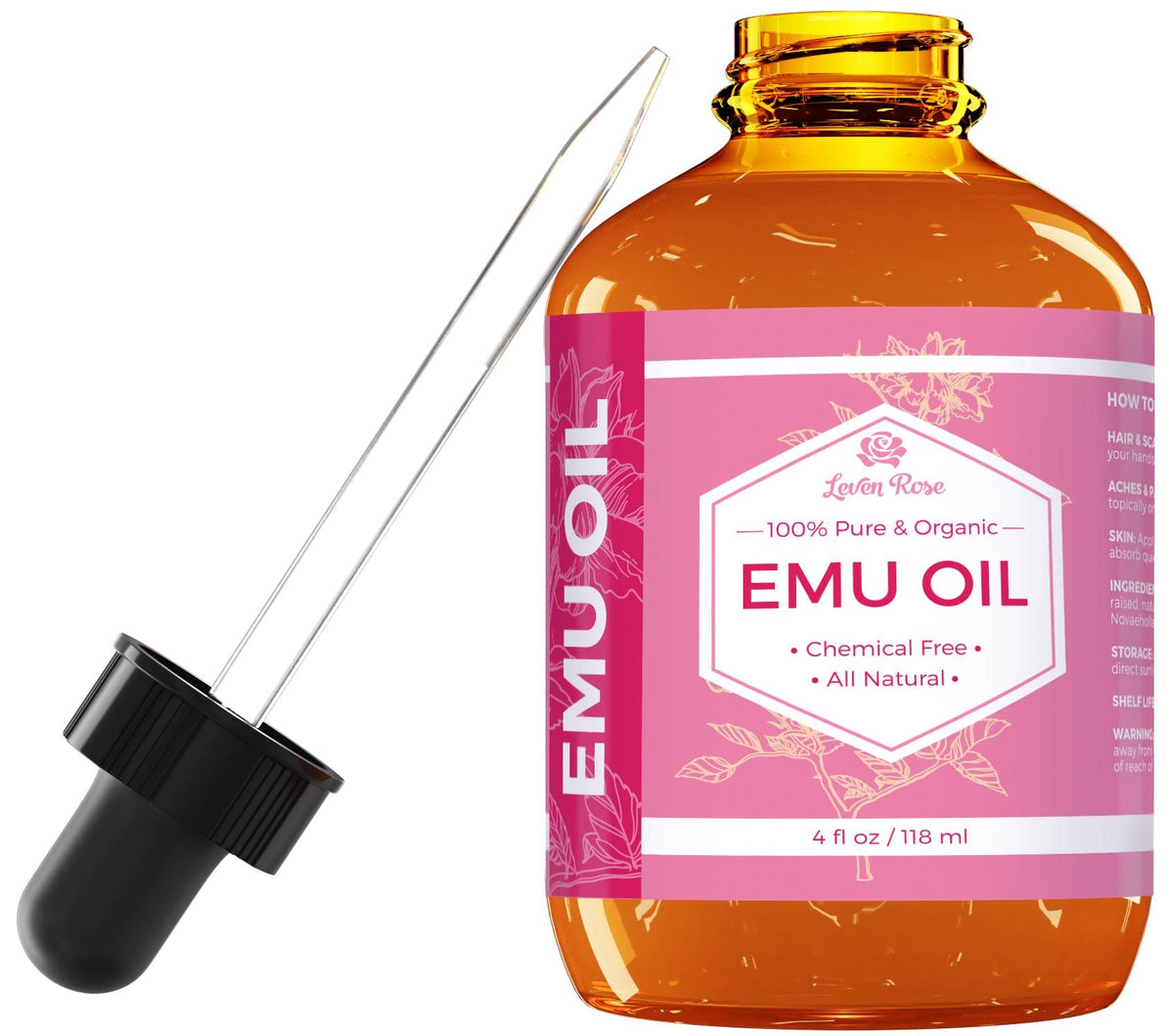Leven Rose Emu Oil with pipette for precise application and skin hydration.