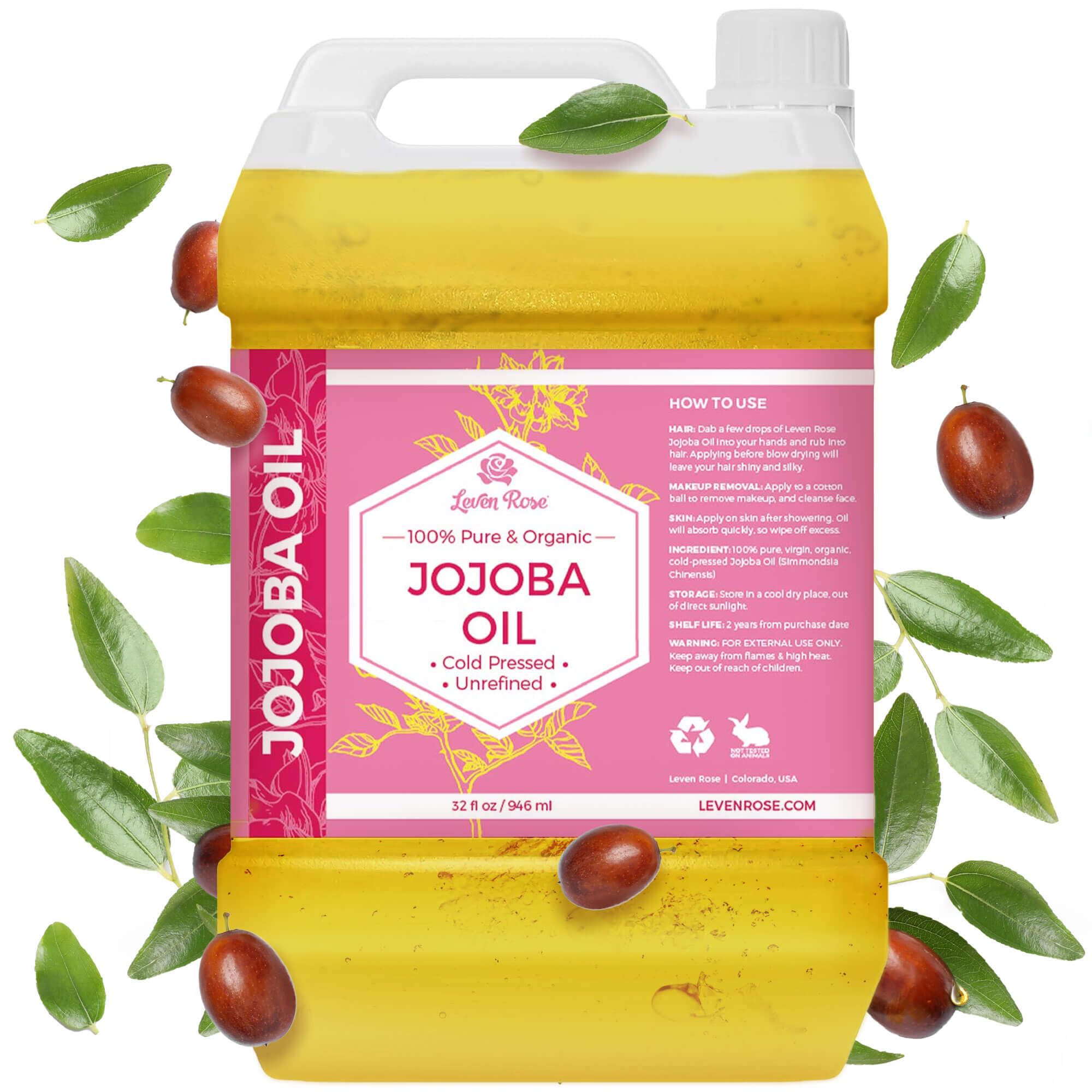 Leven Rose Jojoba Oil bulk 32oz bottle for skin and hair care