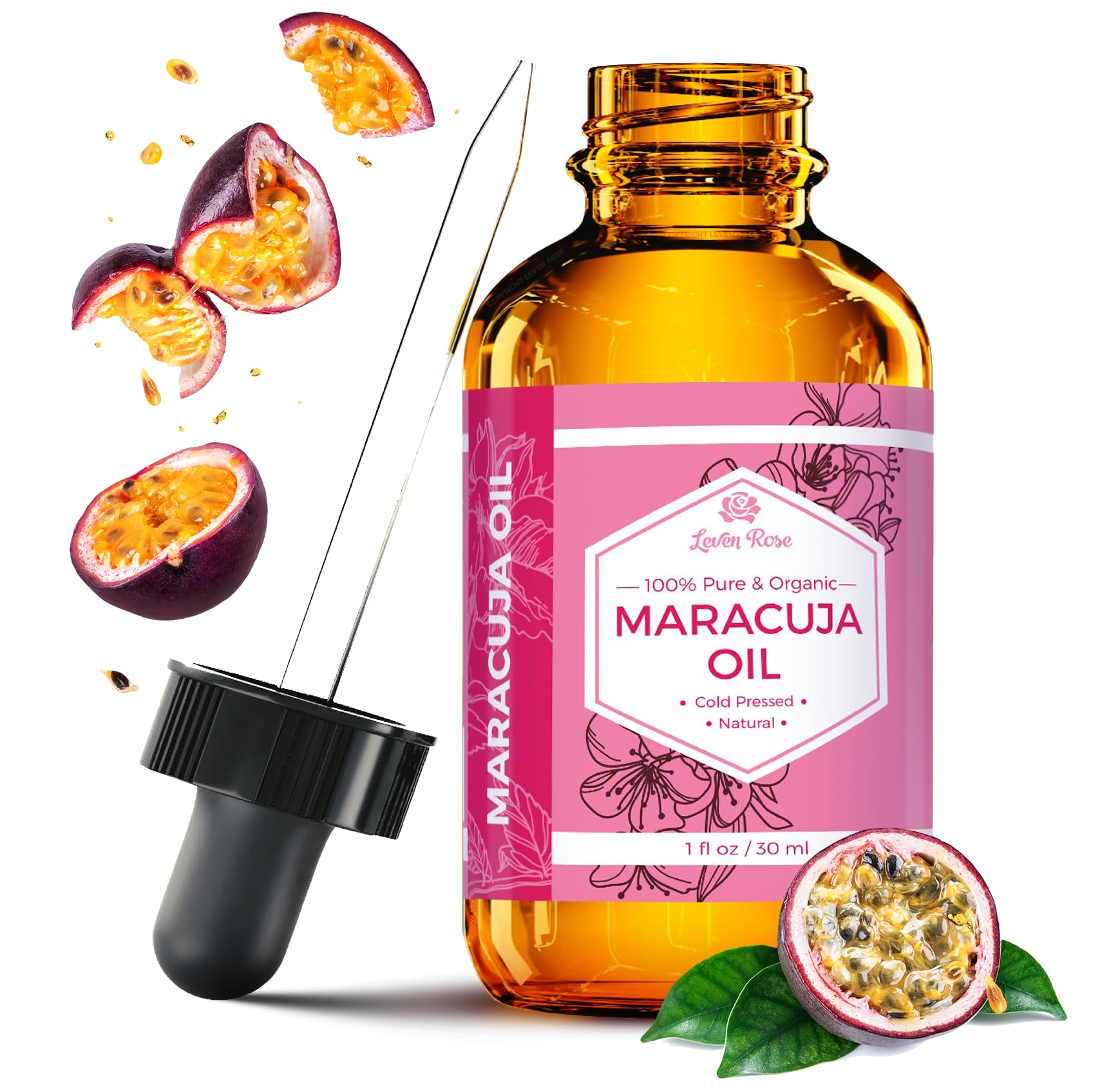 Leven Rose Maracuja Oil bottle—amber glass preserves potency for skin and hair care.
