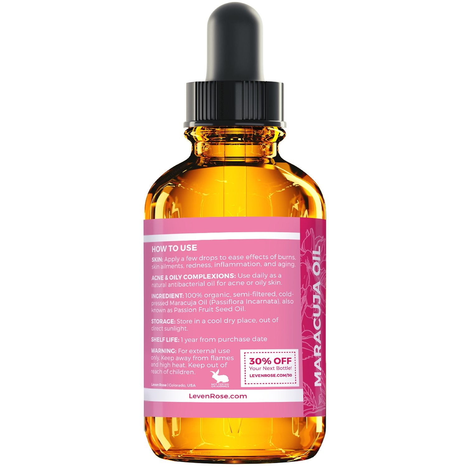 Leven Rose Maracuja Oil provides lightweight hydration for facial skin.