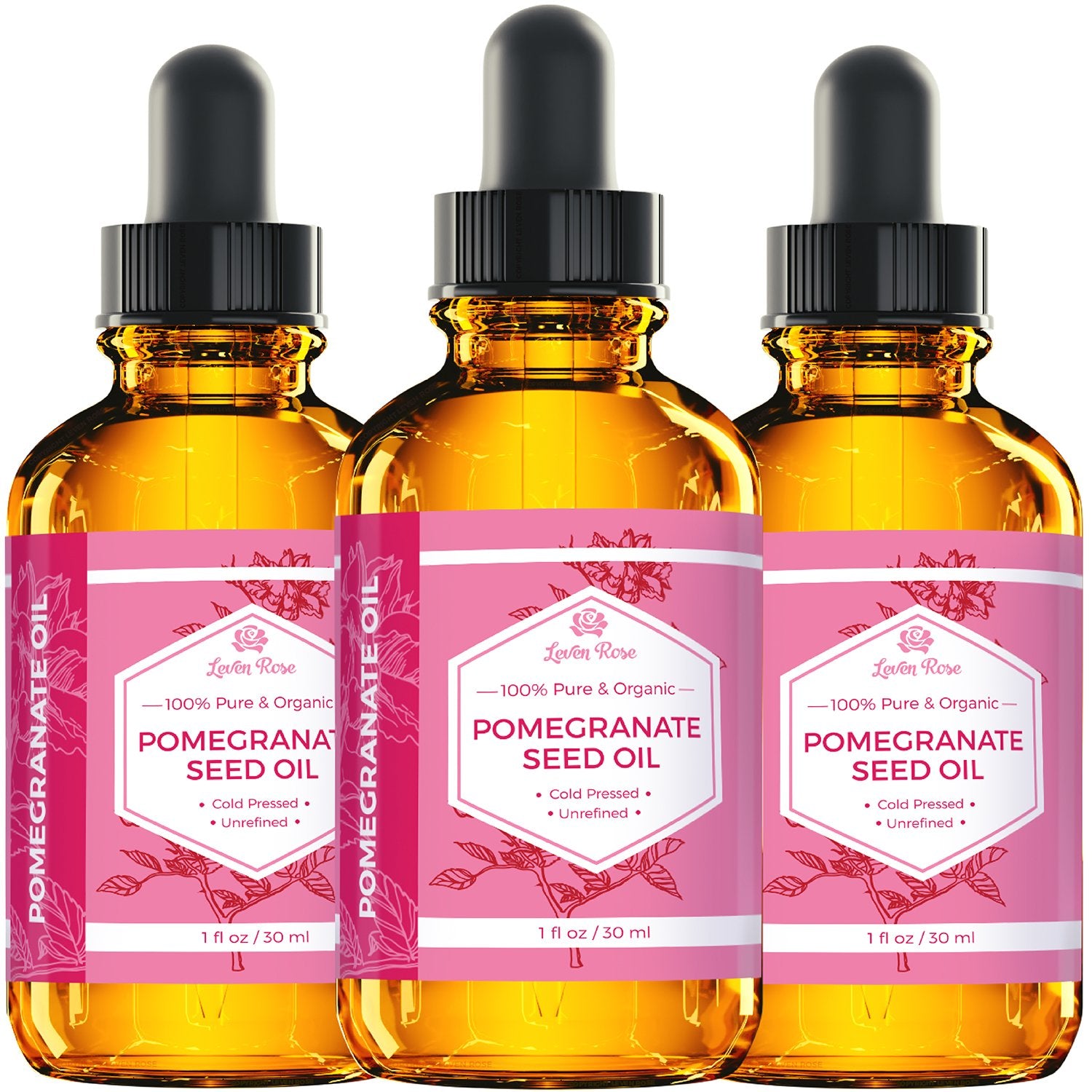 Leven Rose Pomegranate Oil on hair adds natural shine and softness.